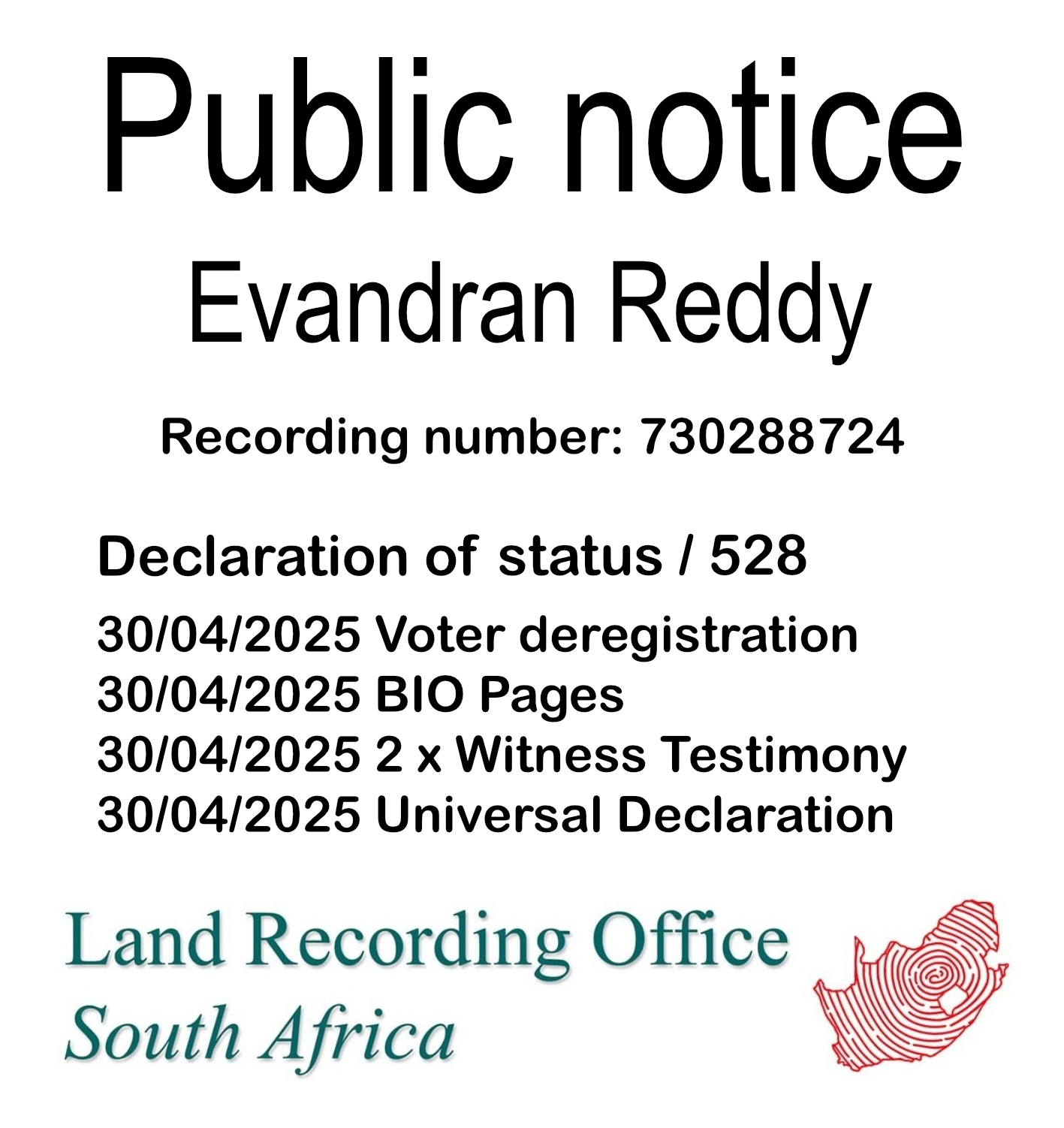 Public Notice Evandran Reddy (c) Recording number 730288724